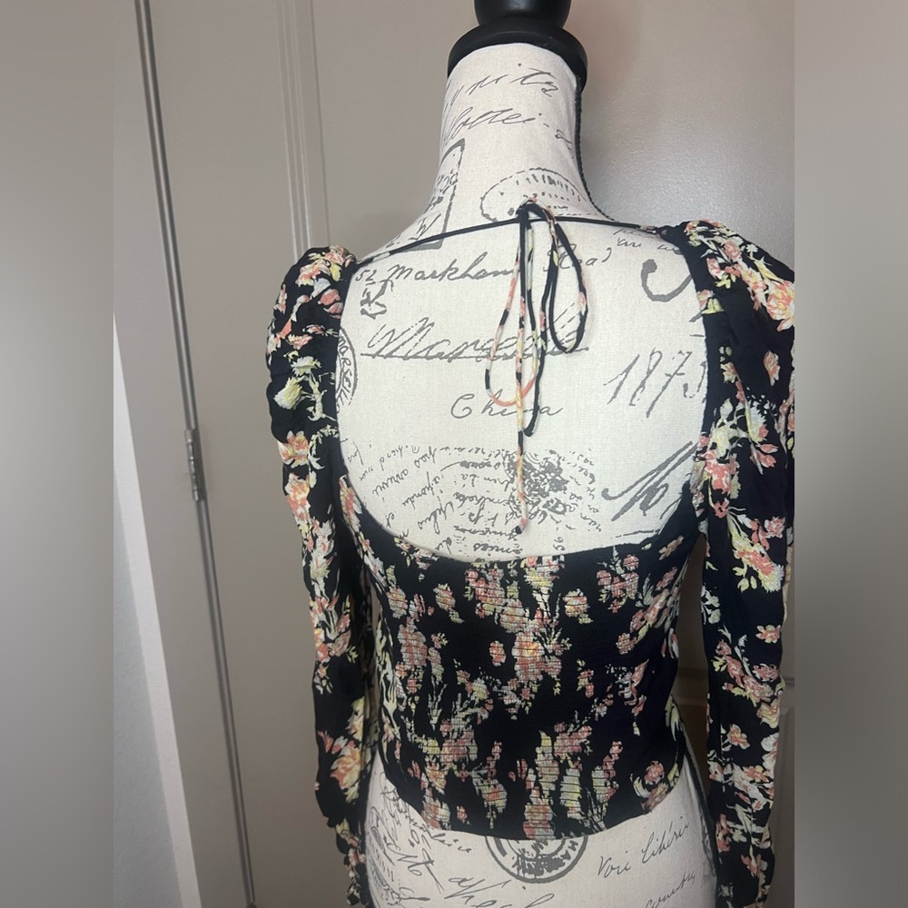 Free People Hilary Floral Print Long Puffed Sleeve Tie Back Blouse - Picture 7 of 11